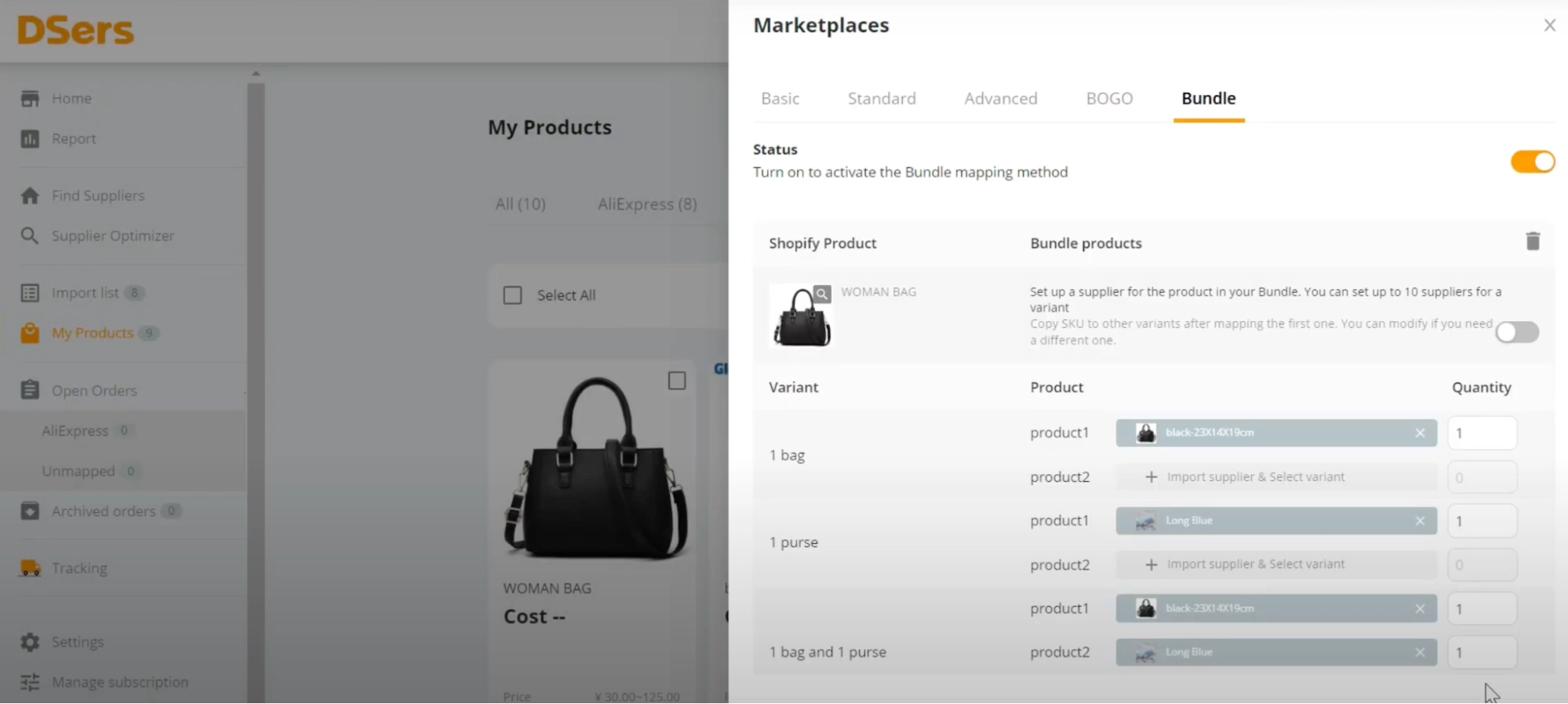  link each bundle variant to AliExpress products by pasting the product URLs. DSers lets you add up to 10 items per bundle